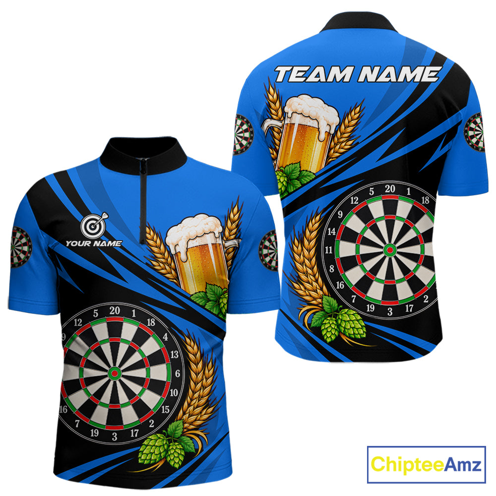 Personalized Blue Funny Beer Darts Shirts For Men Custom Drinking Darts Team Jersey Polo & 1/4 Zip TDM8092