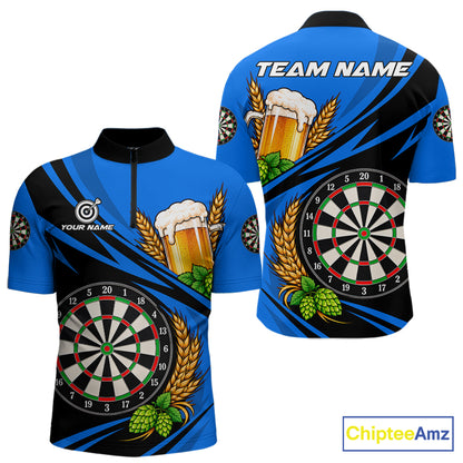 Personalized Blue Funny Beer Darts Shirts For Men Custom Drinking Darts Team Jersey Polo & 1/4 Zip TDM8092