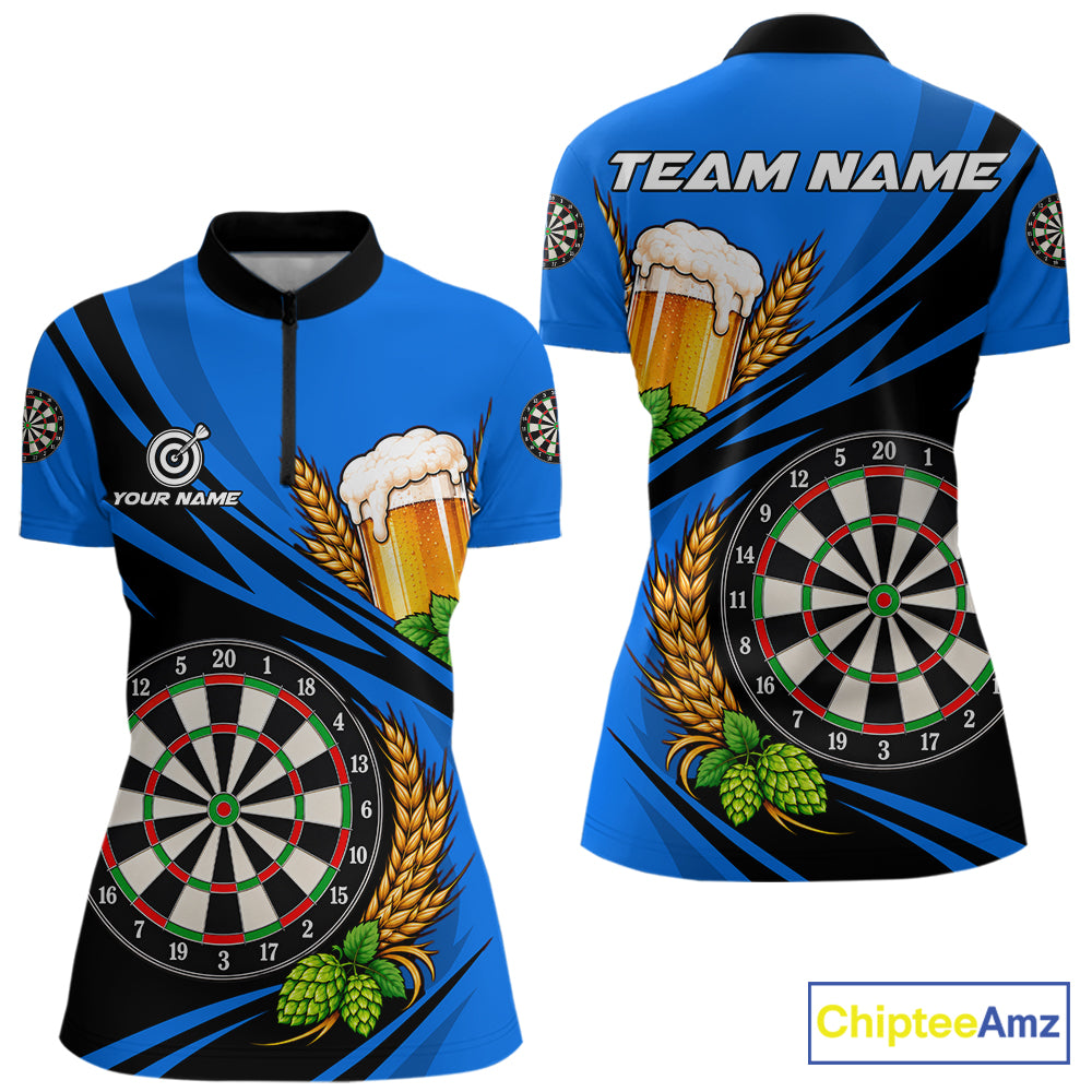 Personalized Blue Funny Beer Darts Shirts For Women Custom Drinking Darts Team Jersey Polo & 1/4 Zip TDM8092