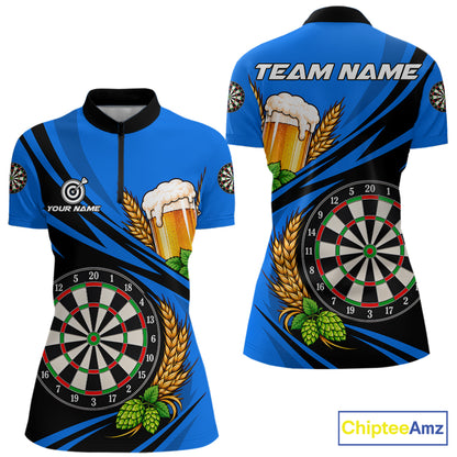 Personalized Blue Funny Beer Darts Shirts For Women Custom Drinking Darts Team Jersey Polo & 1/4 Zip TDM8092
