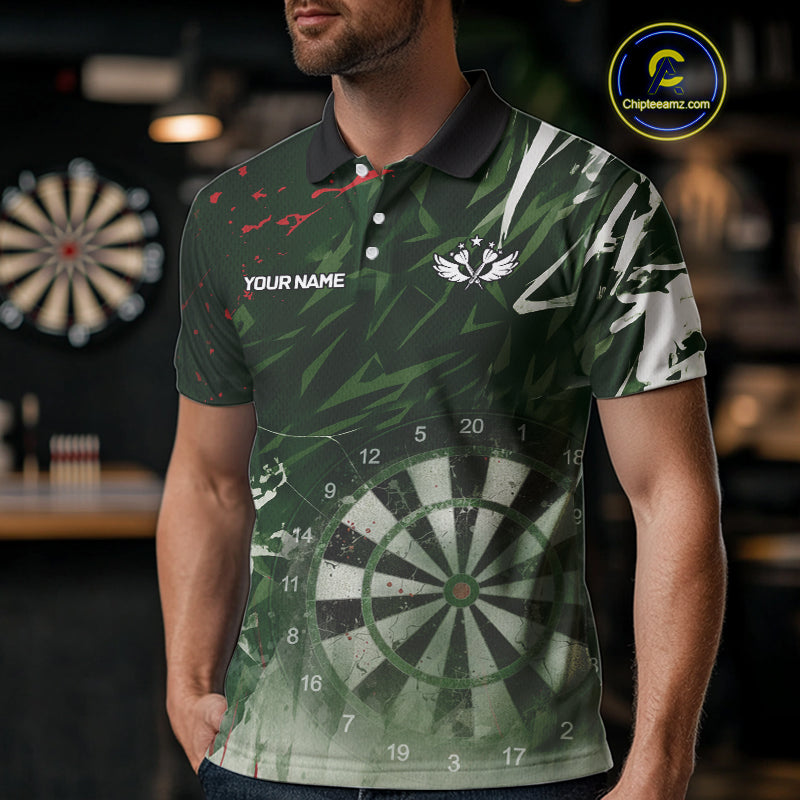 Green Geometric Darts Shirt With Pocket Option Custom Men's Darts Jersey TDM5361
