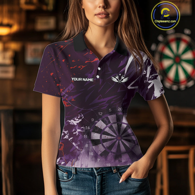 Purple Geometric Darts Shirt With Pocket Option Custom Women's Darts Jersey TDM5362