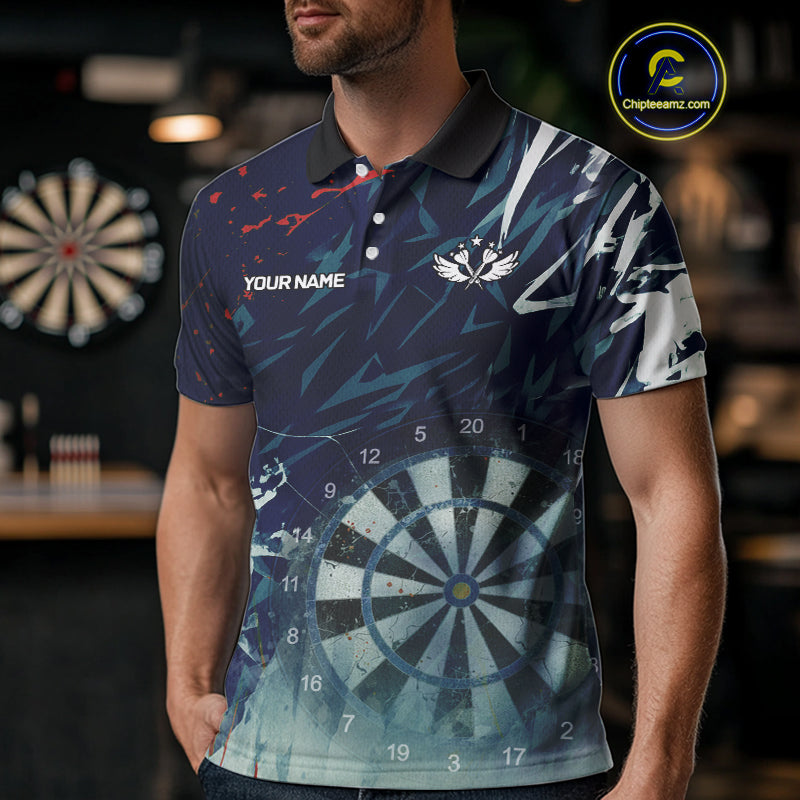 Blue Geometric Darts Shirt With Pocket Option Custom Men's Darts Jersey TDM5363
