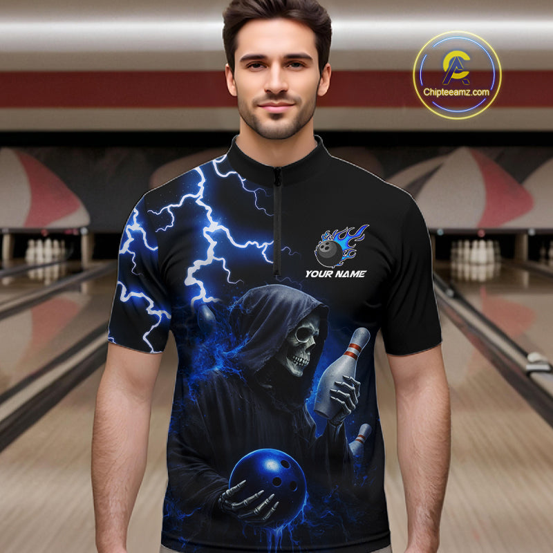 Blue Grim Reaper Bowling Shirt For Men Custom Lightning Team League Bowling Jersey Polo & 1/4 Zip TDM5854
