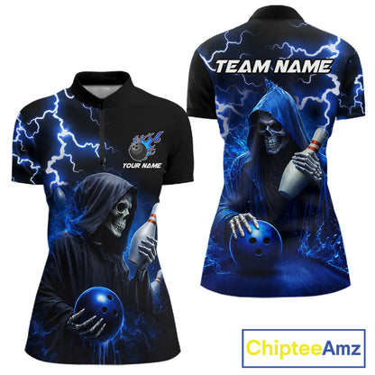 Blue Grim Reaper Bowling Shirt For Women Custom Lightning Team League Bowling Jersey Polo & 1/4 Zip TDM5854