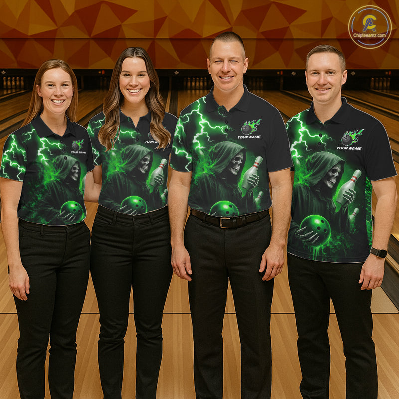 Green Grim Reaper Bowling Shirt For Women Custom Lightning Team League Bowling Jersey Polo, 1/4 Zip TDM5855