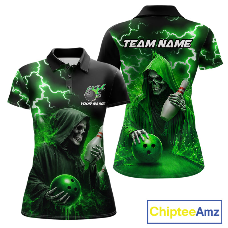 Green Grim Reaper Bowling Shirt For Women Custom Lightning Team League Bowling Jersey Polo, 1/4 Zip TDM5855