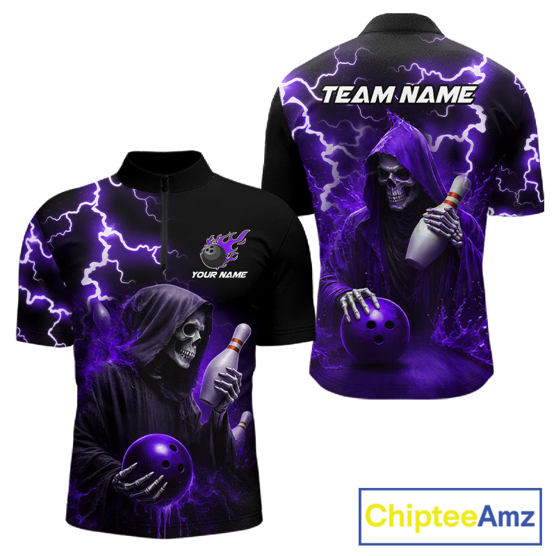 Purple Grim Reaper Bowling Shirt For Men Custom Lightning Team League Bowling Jersey Polo, 1/4 Zip TDM5856