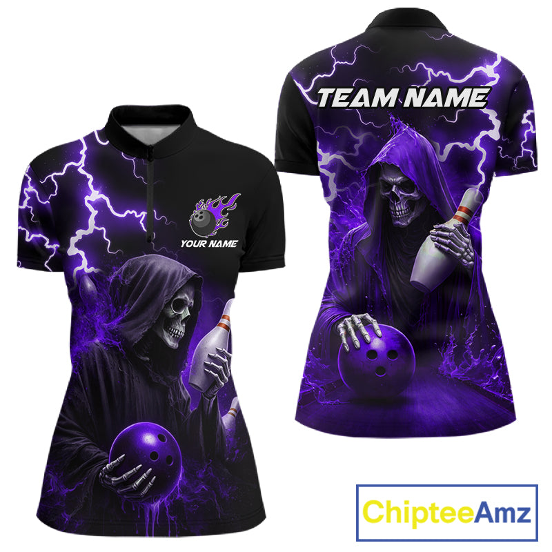 Purple Grim Reaper Bowling Shirt For Women Custom Lightning Team League Bowling Jersey Polo, 1/4 Zip TDM5856