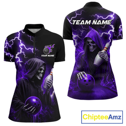 Purple Grim Reaper Bowling Shirt For Women Custom Lightning Team League Bowling Jersey Polo, 1/4 Zip TDM5856