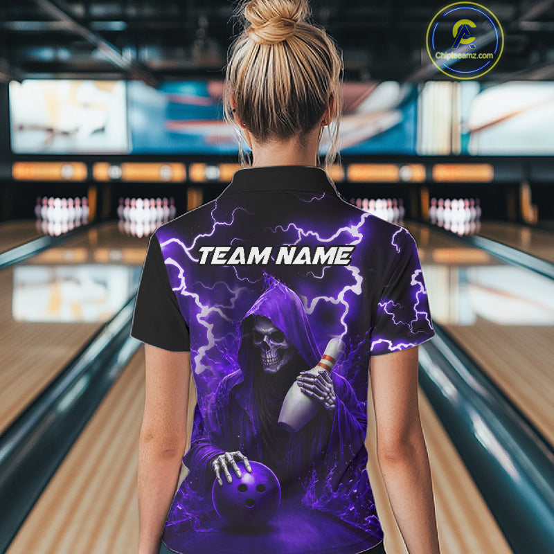 Purple Grim Reaper Bowling Shirt For Women Custom Lightning Team League Bowling Jersey Polo, 1/4 Zip TDM5856