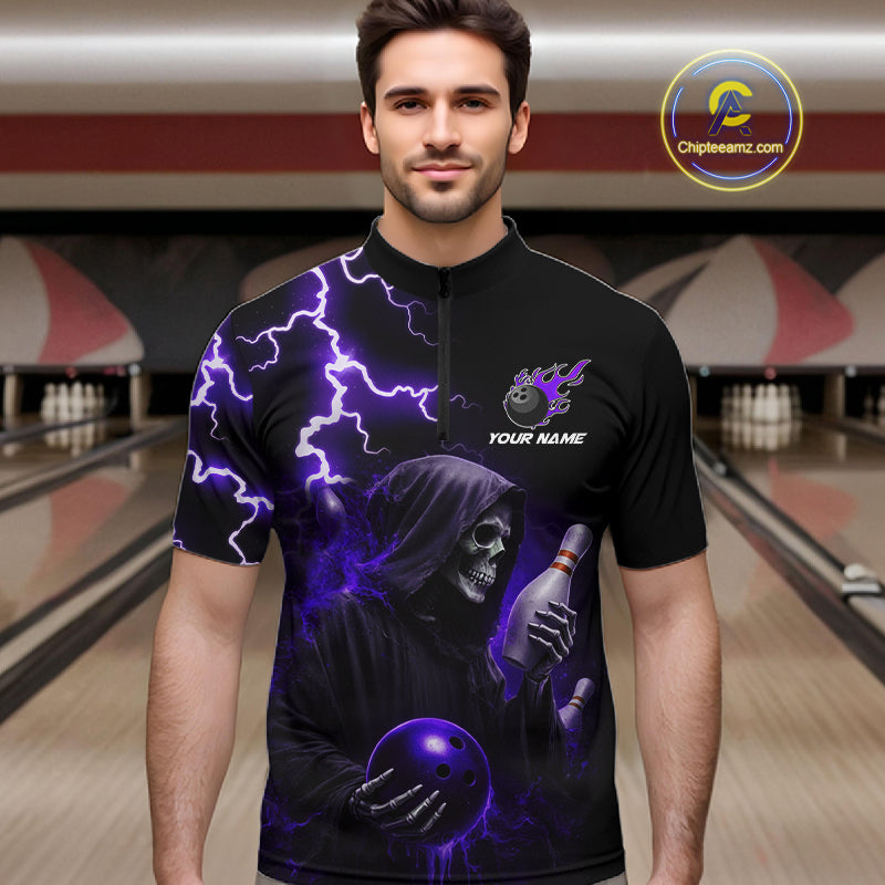Purple Grim Reaper Bowling Shirt For Men Custom Lightning Bowling Jersey Team Polo & 1/4 Zip TDM5857