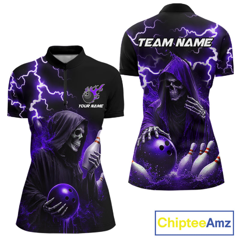 Purple Grim Reaper Bowling Shirt For Women Custom Lightning Bowling Jersey Team Polo & 1/4 Zip TDM5857