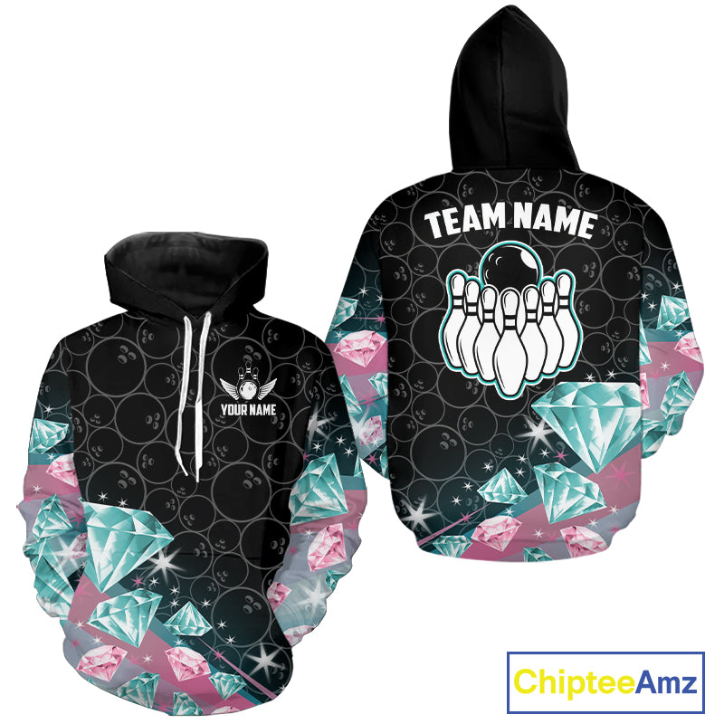 Funny Pink And Turquoise Diamonds Bowling Hoodie Shirt For Men Women Custom Bowling Team Jersey TDM5860