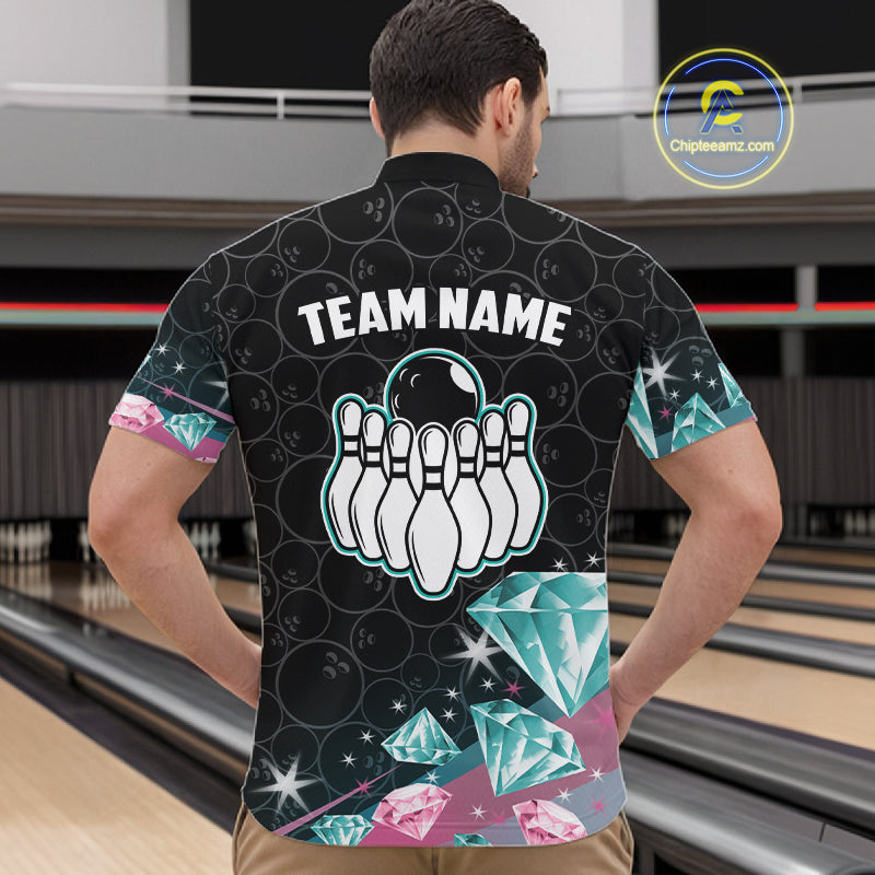 Funny Pink And Turquoise Diamonds Bowling Shirt For Men Custom Bowling Team Jersey TDM5860