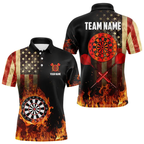 Personalized Retro US Flag Flame Dartboard Darts Shirts For Men, Patriotic American Dart Jerseys TDM3676