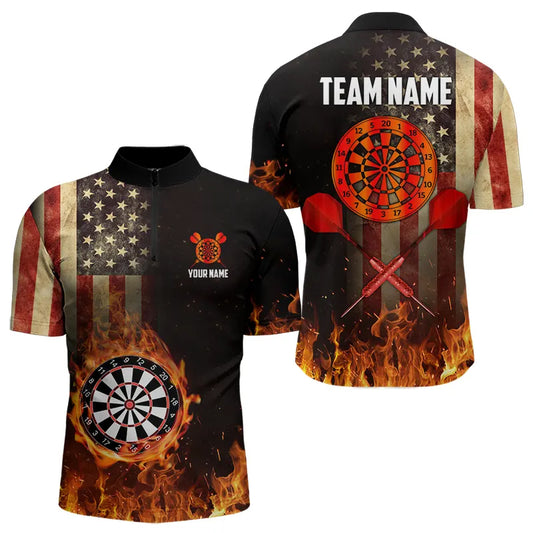 Personalized Retro US Flag Flame Dartboard Darts Shirts For Men, Patriotic American Dart Jerseys TDM3676