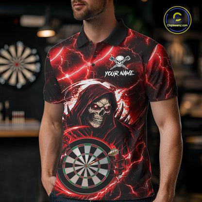 Red Grim Reaper Skull Thunder Lightning Darts Shirt For Men Custom Darts Jersey Team Polo & 1/4 Zip TDM6467