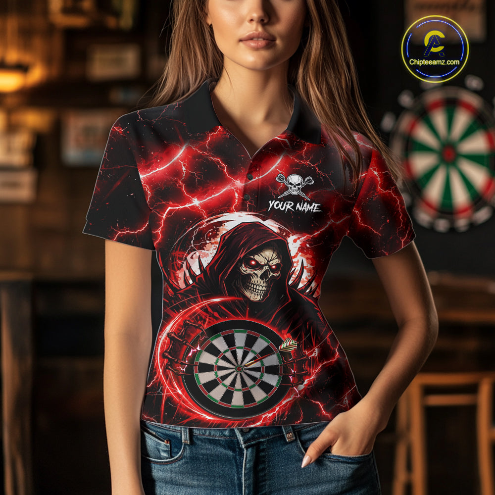Red Grim Reaper Skull Thunder Lightning Darts Shirt For Women Custom Darts Jersey Team Polo & 1/4 Zip TDM6467
