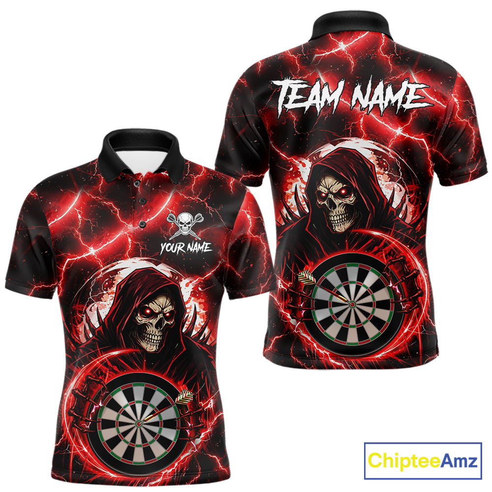 Red Grim Reaper Skull Thunder Lightning Darts Shirt For Men Custom Darts Jersey Team Polo & 1/4 Zip TDM6467
