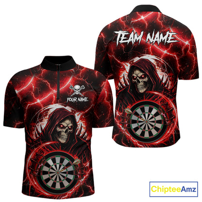 Red Grim Reaper Skull Thunder Lightning Darts Shirt For Men Custom Darts Jersey Team Polo & 1/4 Zip TDM6467