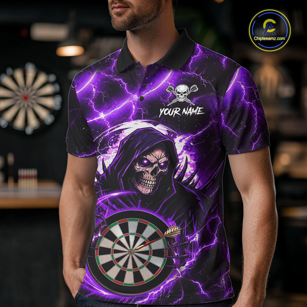 Purple Grim Reaper Skull Thunder Lightning Darts Shirt For Men Custom Darts Jersey Polo & 1/4 Zip TDM6468