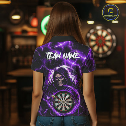 Purple Grim Reaper Skull Thunder Lightning Darts Shirt For Women Custom Darts Jersey Polo & 1/4 Zip TDM6468