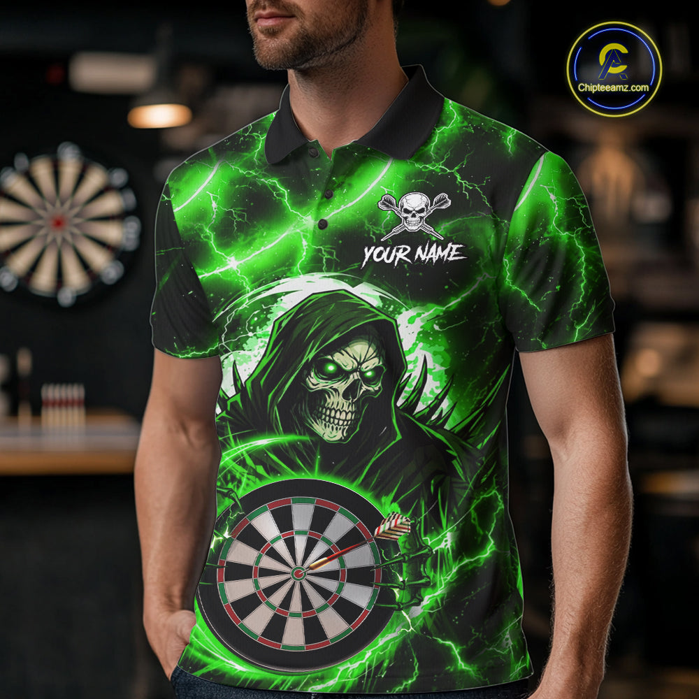 Green Grim Reaper Skull Thunder Lightning Darts Shirt For Men Custom Darts Jersey Polo & 1/4 Zip TDM6469