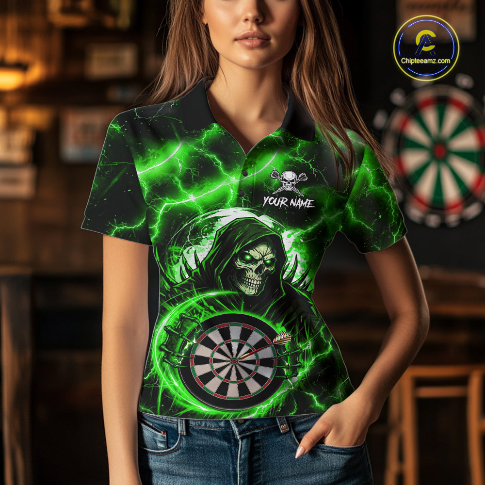 Green Grim Reaper Skull Thunder Lightning Darts Shirt For Women Custom Darts Jersey Polo & 1/4 Zip TDM6469