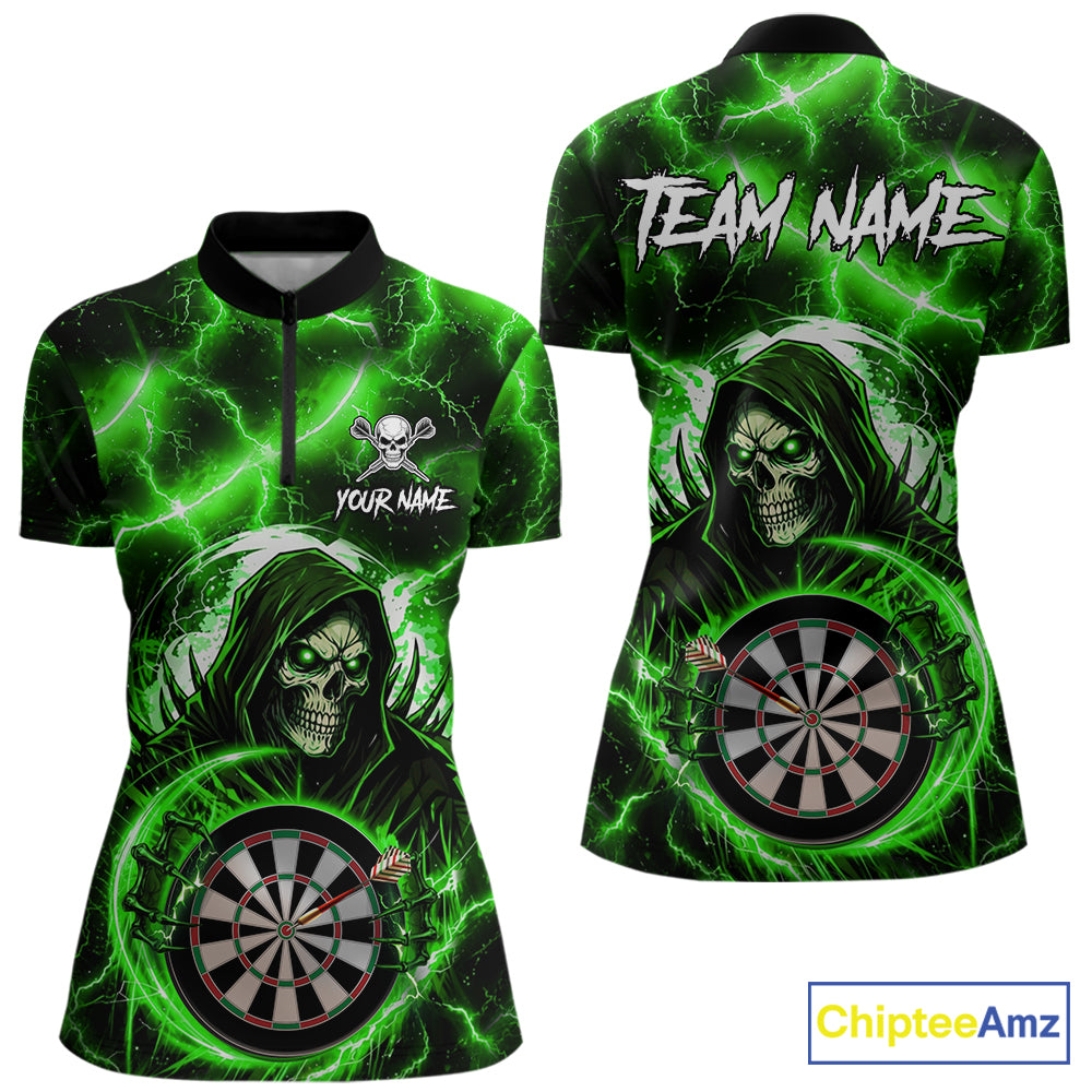 Green Grim Reaper Skull Thunder Lightning Darts Shirt For Women Custom Darts Jersey Polo & 1/4 Zip TDM6469