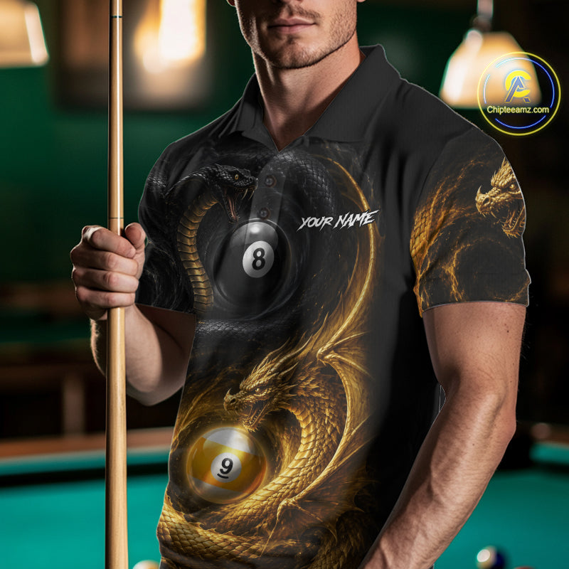Man wearing an 8 ball 9 ball cobra snake and dragon billiard jersey beside a pool table front view.