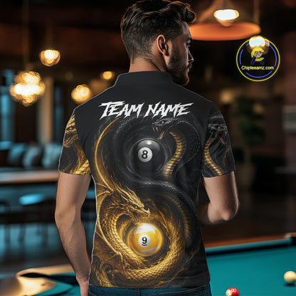 Back view of man wearing an 8 ball 9 ball cobra snake and dragon pool shirt in a billiards hall.