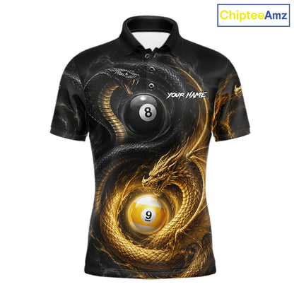 8 ball 9 ball cobra snake and dragon pool billiard polo shirt for men with custom team graphics.