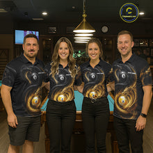 Load image into Gallery viewer, Pool team wearing matching 8 ball 9 ball cobra snake and dragon billiard jerseys during tournament play front view.