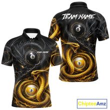 Load image into Gallery viewer, 8 ball 9 ball cobra snake and dragon billiard polo shirt for men with custom pool team graphics.