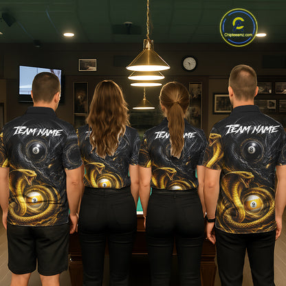 Back view of pool players wearing matching cobra snake and dragon billiard shirts in a game room.