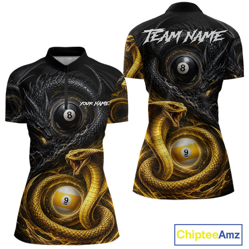 8 ball 9 ball cobra snake and dragon billiard quarter zip shirt for women designed for tournaments and league play.