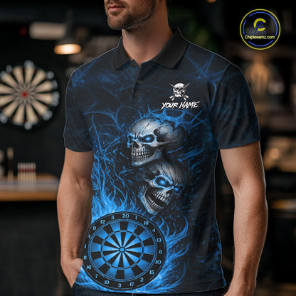 Personalized Blue Flaming Skull Darts Polo & 1/4 Zip For Men Custom Fire Darts Team Jersey TDM7429