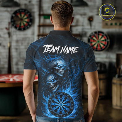 Personalized Blue Flaming Skull Darts Polo & 1/4 Zip For Men Custom Fire Darts Team Jersey TDM7429