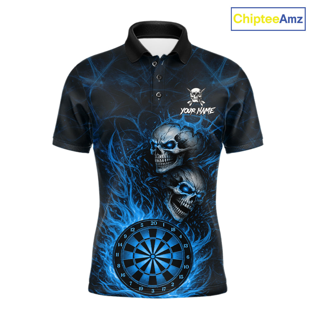 Personalized Blue Flaming Skull Darts Polo & 1/4 Zip For Men Custom Fire Darts Team Jersey TDM7429