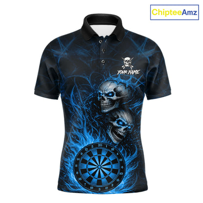 Personalized Blue Flaming Skull Darts Polo & 1/4 Zip For Men Custom Fire Darts Team Jersey TDM7429