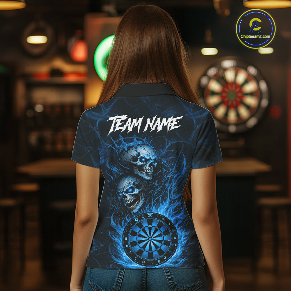 Personalized Blue Flaming Skull Darts Polo & 1/4 Zip For Women Custom Fire Darts Team Jersey TDM7429