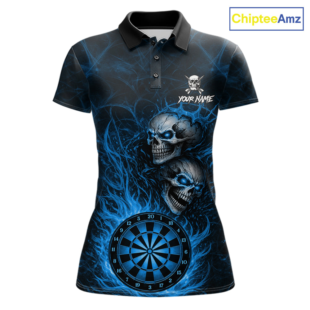 Personalized Blue Flaming Skull Darts Polo & 1/4 Zip For Women Custom Fire Darts Team Jersey TDM7429
