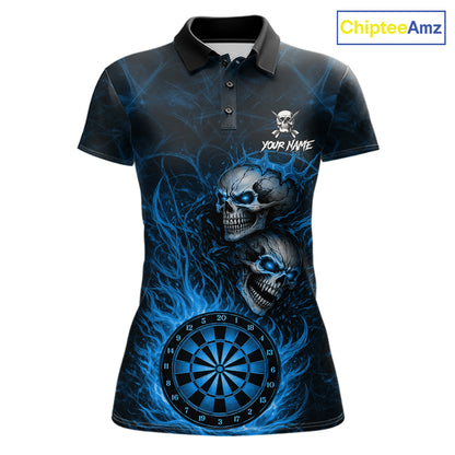 Personalized Blue Flaming Skull Darts Polo & 1/4 Zip For Women Custom Fire Darts Team Jersey TDM7429