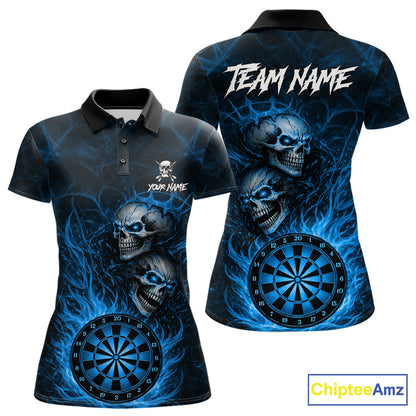 Personalized Blue Flaming Skull Darts Polo & 1/4 Zip For Women Custom Fire Darts Team Jersey TDM7429