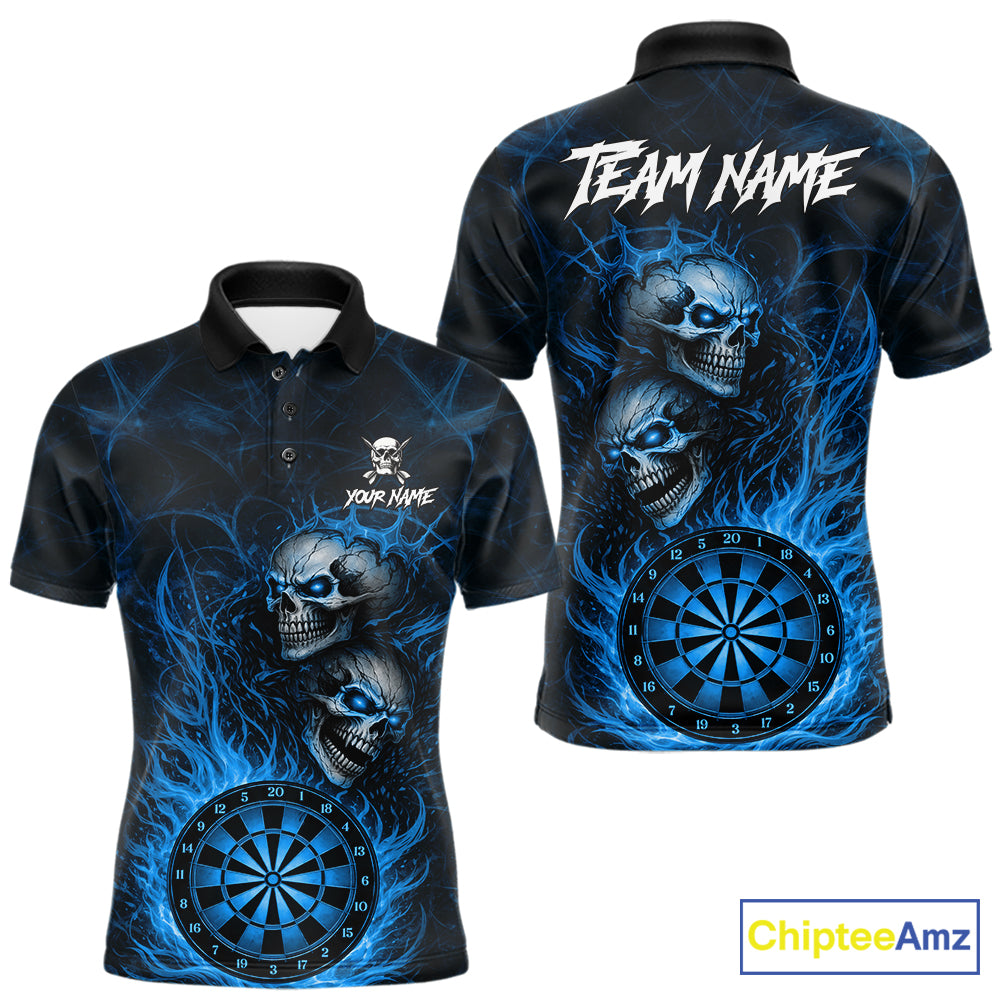 Personalized Blue Flaming Skull Darts Polo & 1/4 Zip For Men Custom Fire Darts Team Jersey TDM7429