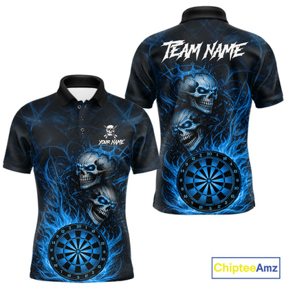 Personalized Blue Flaming Skull Darts Polo & 1/4 Zip For Men Custom Fire Darts Team Jersey TDM7429