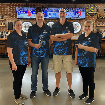 Personalized Blue Flaming Skull Darts Polo & 1/4 Zip For Men Custom Fire Darts Team Jersey TDM7429