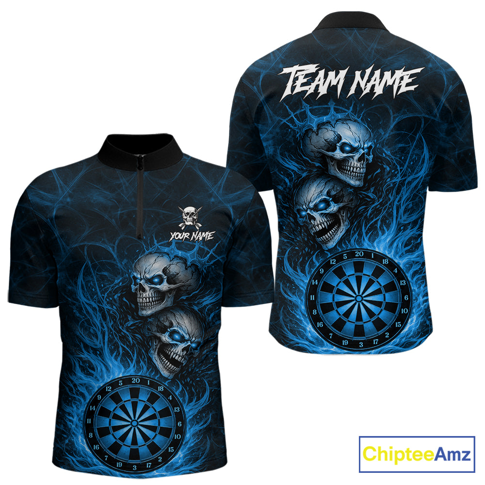 Personalized Blue Flaming Skull Darts Polo & 1/4 Zip For Men Custom Fire Darts Team Jersey TDM7429