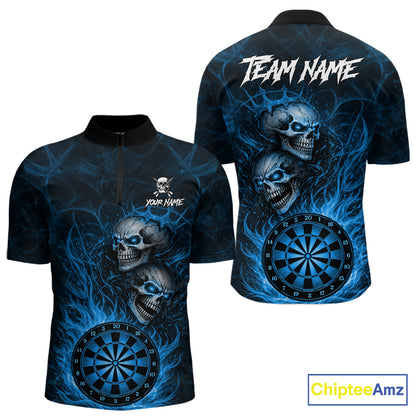 Personalized Blue Flaming Skull Darts Polo & 1/4 Zip For Men Custom Fire Darts Team Jersey TDM7429